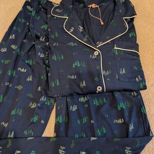 Adult Pajama Set in Navy with Green Tree Design. Eberjay Brand.